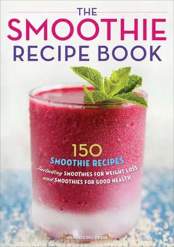 Cover of "the Smoothie Recipe Book" with a ping smoothie in a frosted glass against a primarily white background